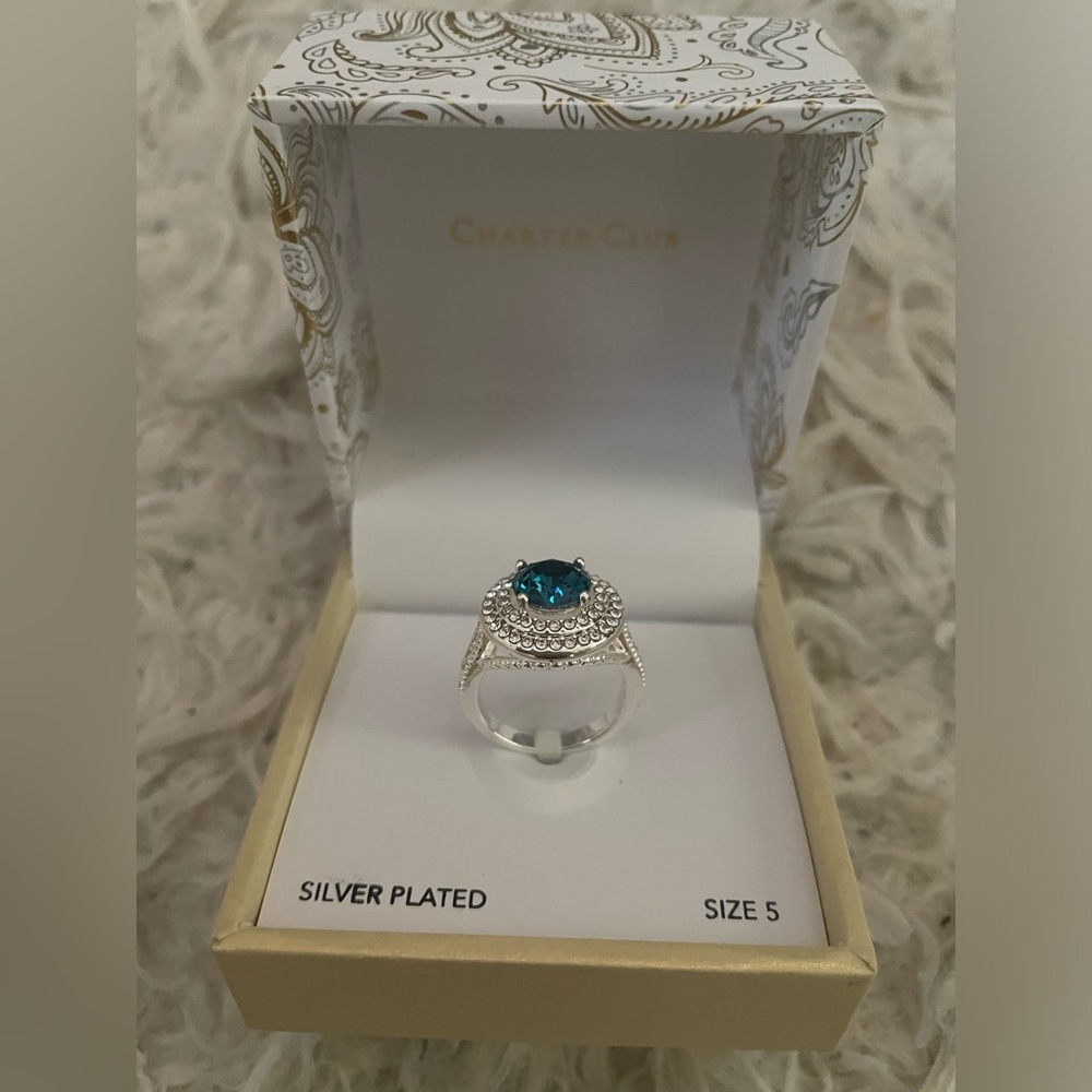 Charter club silver ring with round sapphire stone size 5